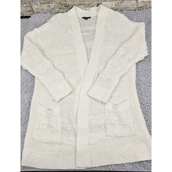 Womens Open Cardigan Sweater Pockets Long Chunky Knit Cream Boho Coastal Large - Picture 6 of 15